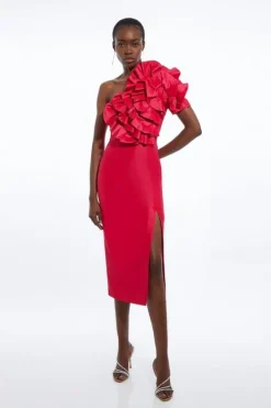 Karen Millen Petite Metallic Taffeta Rosette Maxi Off The Shoulder Dress hotpink Discount