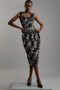 Karen Millen Petite Metallic Velvet Jacquard Tailored Square Neck Midi Dress black Best