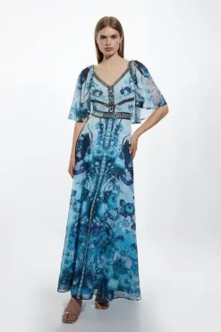 Karen Millen Petite Mirrored Floral Bead And Embroidered Woven Angel Maxi blue New