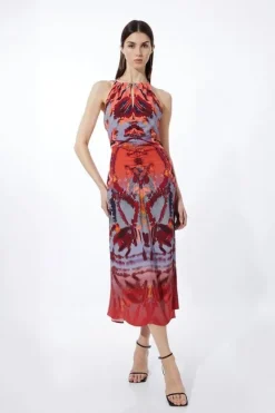 Karen Millen Petite Mirrored Print Satin Crepe Woven Midi Dress multi Online