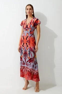 Karen Millen Petite Mirrored Print Satin Crepe Angel Sleeve Woven Maxi Dress multi Discount