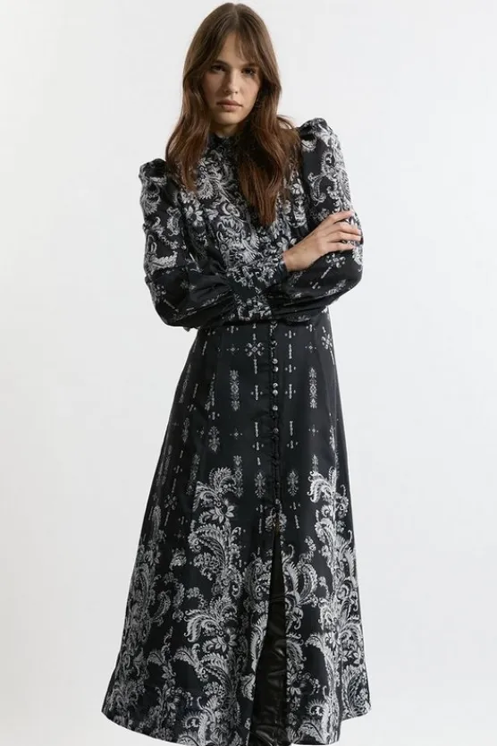 Karen Millen Petite Mono Floral Woven Button Up Maxi Dress black Outlet