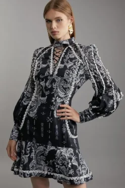 Karen Millen Petite Mono Floral Woven High Neck Mini Dress black Online