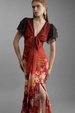 Karen Millen Petite Ombre Floral Ruffle Sleeve Button Through Maxi Dress burntorange Fashion