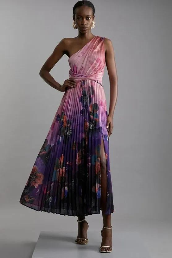 Karen Millen Petite Ombre Floral Soft Pleated One Shoulder Maxi Dress purple Best