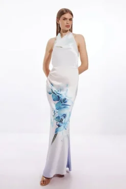 Karen Millen Petite Ooto Heavy Satin Draped Woven Halter Maxi Dress floral Clearance