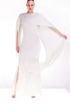 Karen Millen Petite Ooto Viscose Crepe And Satin Panelled Fringed Woven Maxi Dress With Detachable Cape ivory Clearance