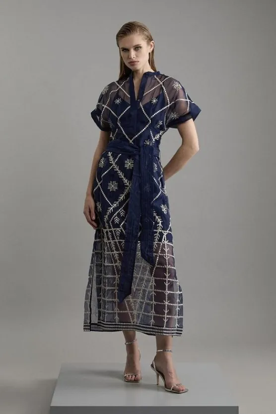 Karen Millen Petite Organdie Crystal Embellished Tie Waist Woven Maxi Dress navy Online