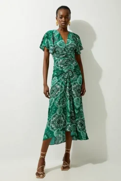 Karen Millen Petite Paisley Printed Morocain Woven Midi Dress green Hot