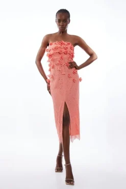 Karen Millen Petite Petal Floral Applique Lace Woven Bandeau Midi Dress coral Fashion