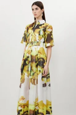 Karen Millen Petite Photographic Floral Organdie Midaxi Shirt Dress yellow Fashion