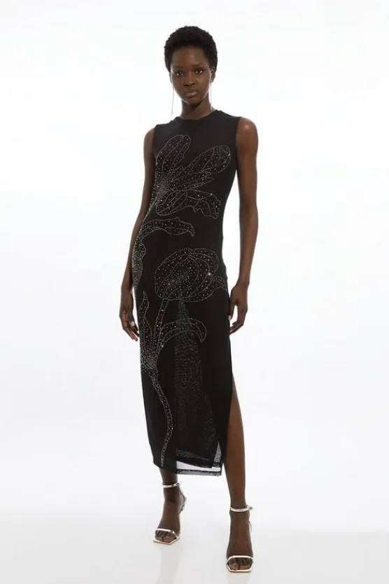 Karen Millen Petite Placed Embellished Floral Mesh Jersey Midi Dress black Discount