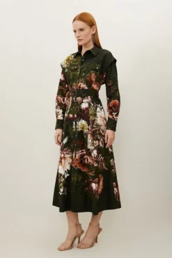 Karen Millen Petite Placed Cotton Sateen Shirt Dress floral Clearance