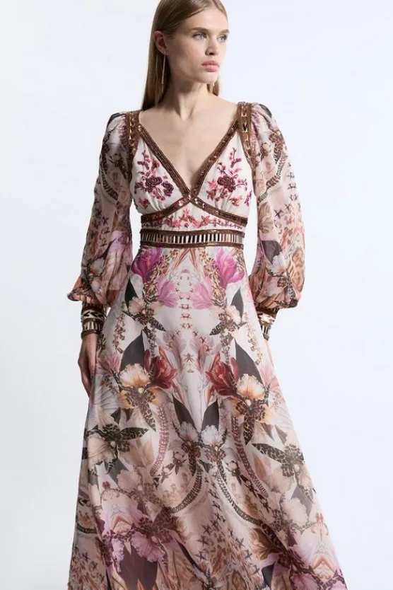 Karen Millen Petite Placed Floral Embroidered And Beaded Woven Midi Dress multi Clearance