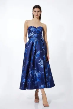 Karen Millen Petite Placed Jacquard Twill Woven Prom Dress blue Sale