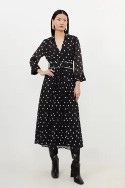 Karen Millen Petite Pleated Contrast Georgette Spot Woven Midi Dress black Fashion