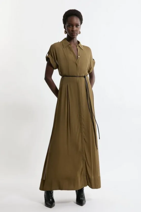 Karen Millen Petite Pleated Woven Viscose Midaxi Shirt Dress khaki Fashion