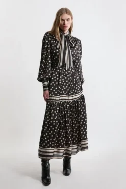 Karen Millen Petite Polka Dot Woven Balloon Sleeve Belted Midaxi Dress mono Hot