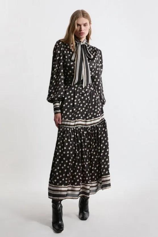 Karen Millen Petite Polka Dot Woven Balloon Sleeve Belted Midaxi Dress mono Hot
