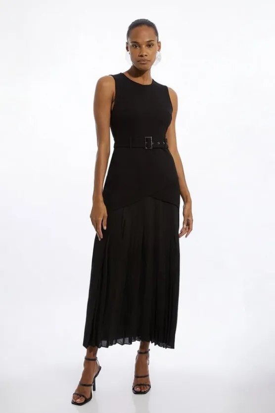 Karen Millen Petite Ponte And Georgette Jersey Pleated Maxi Dress black Discount