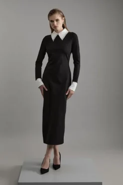 Karen Millen Petite Ponte Embellished Contrast Collar Fitted Maxi Dress mono Hot