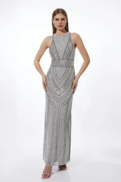 Karen Millen Petite Premium Beading Embellished Woven Halter Maxi Dress silver New