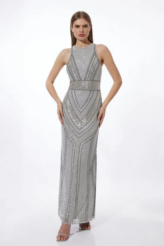 Karen Millen Petite Premium Beading Embellished Woven Halter Maxi Dress silver New