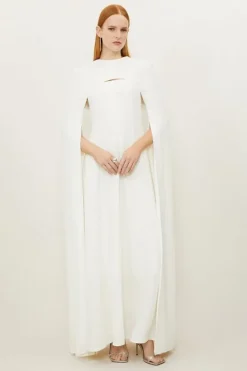 Karen Millen Petite Premium Bonded Crepe Detachable Cape Maxi Dress ivory Online