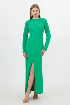 Karen Millen Petite Premium Cady Cutwork Woven Long Sleeve Maxi Dress green Sale