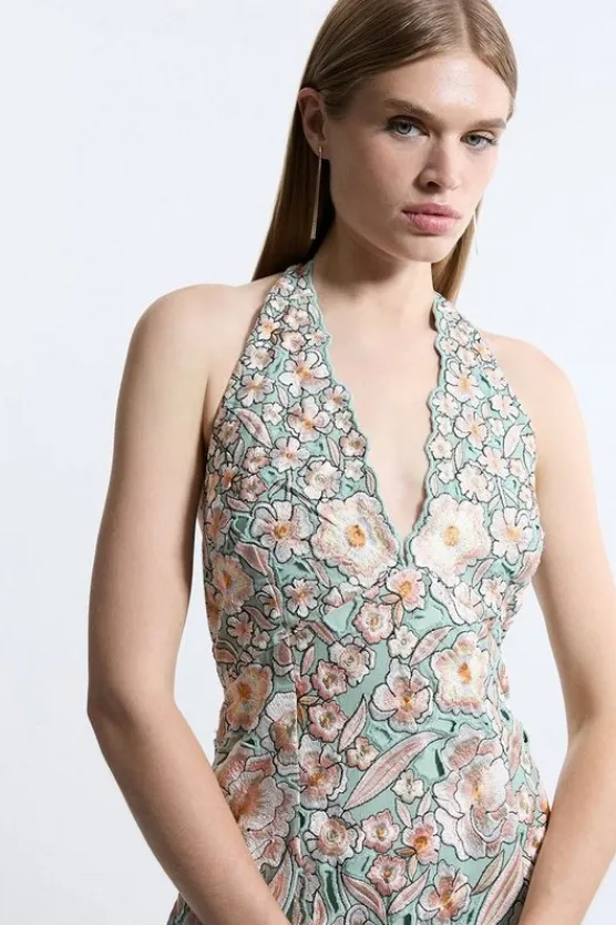Karen Millen Petite Premium Embroidered Halter Maxi Dress sage Clearance