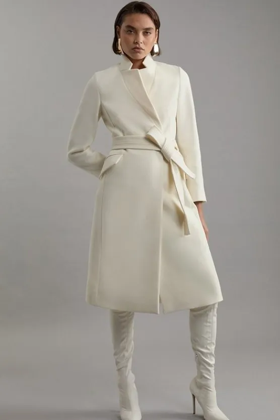Karen Millen Petite Premium Italian Manteco Wool Investment Notch Neck Tailored Midi Coat ivory Hot