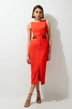 Karen Millen Petite Premium Tailo Linen Pu Waist Tab Midi Dress red Hot