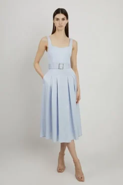 Karen Millen Petite Premium Tailored Linen Belted Full Skirt Midi Dress paleblue Discount