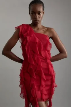 Karen Millen Petite Premium Viscose Georgette Panelled Ruffle Detail Woven Midi Dress red Clearance