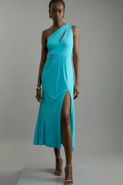 Karen Millen Petite Premium Viscose Jersey Bandeau Split Maxi Dress aqua Best