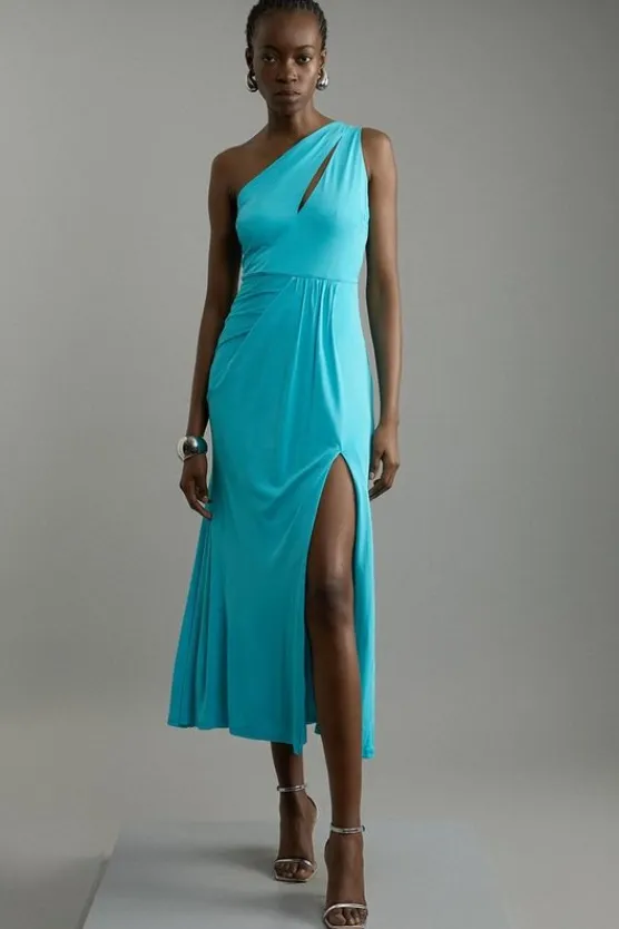 Karen Millen Petite Premium Viscose Jersey Bandeau Split Maxi Dress aqua Best