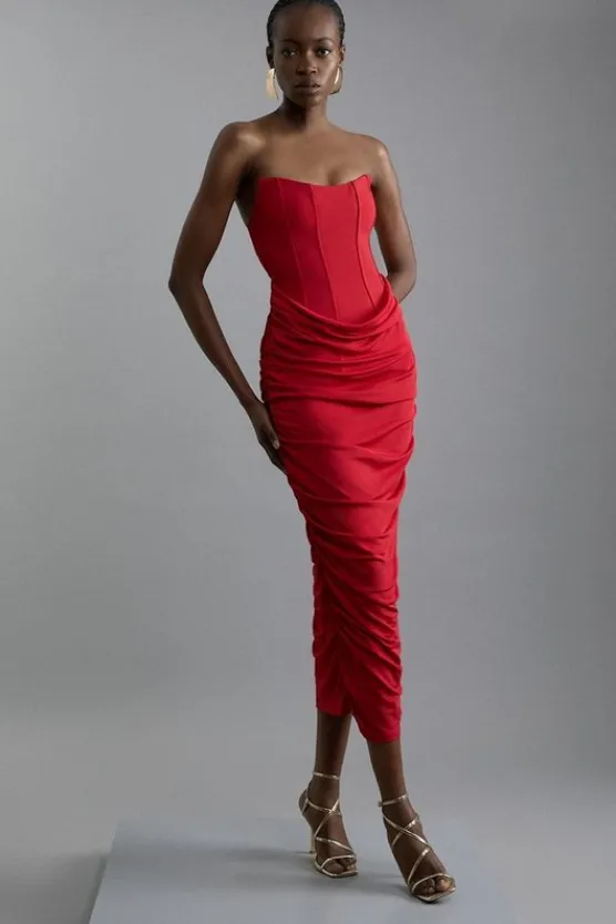 Karen Millen Petite Premium Viscose Jersey Corset Midi Dress red Outlet