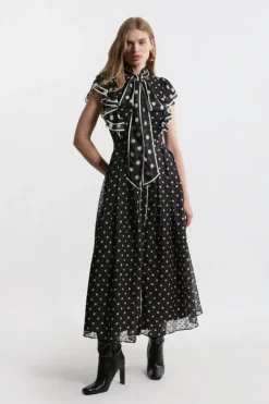 Karen Millen Petite Printed Dobby Ruffle Midi Dress mono New