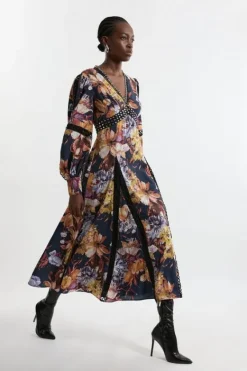 Karen Millen Petite Printed Eyelet Woven Midi Dress With Guipure Trim floral Discount
