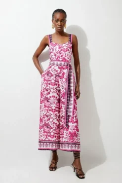 Karen Millen Petite Printed Viscose Woven Tie Waist Wide Leg Jumpsuit purple Discount