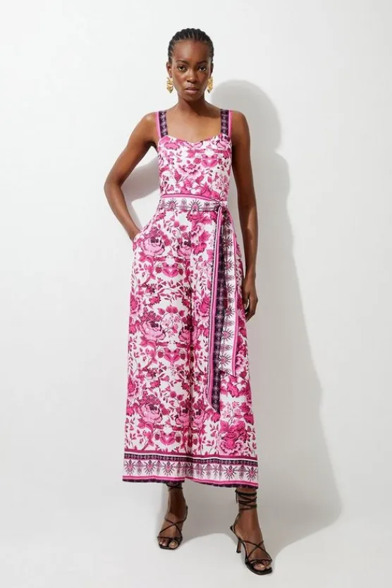 Karen Millen Petite Printed Viscose Woven Tie Waist Wide Leg Jumpsuit purple Discount