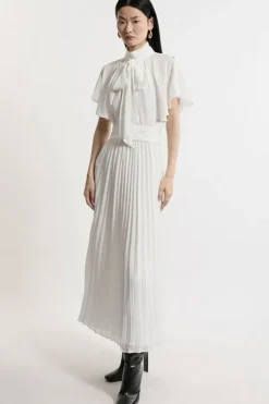 Karen Millen Petite Pussy Bow Tie Georgette Belted Woven Midi Dress ivory Clearance