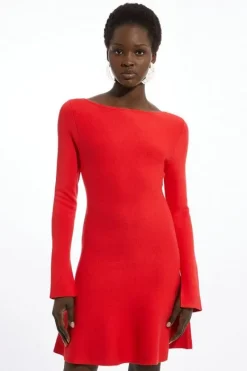 Karen Millen Petite Rib Knit Peplum Sleeve Flippy Mini Dress red Fashion