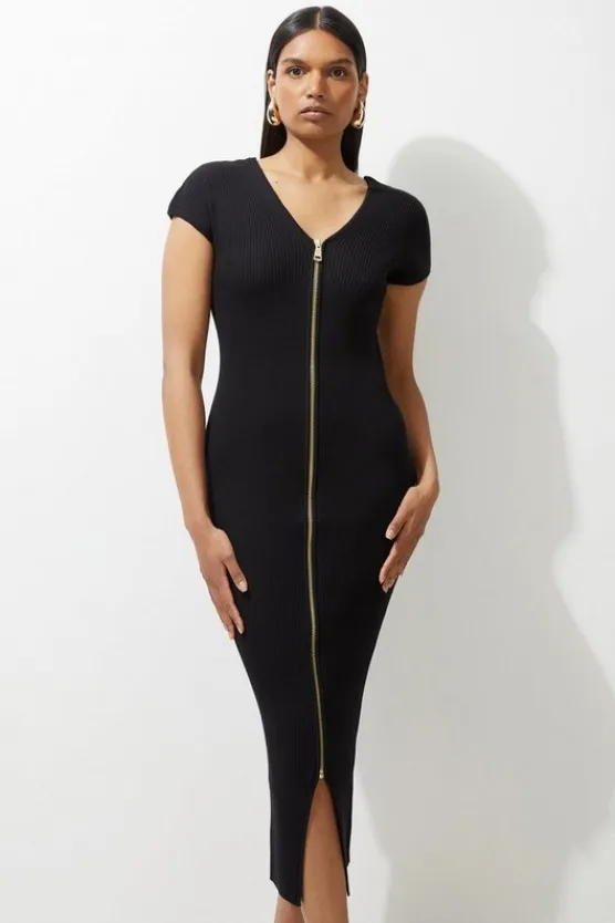 Karen Millen Petite Rib Knit Zip Through Midi Dress black New