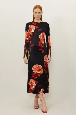 Karen Millen Petite Rose Woven Viscose Satin Midi Dress floral Best
