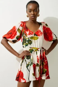Karen Millen Petite Printed Morocain Woven Balloon Sleeve Romper rose Fashion