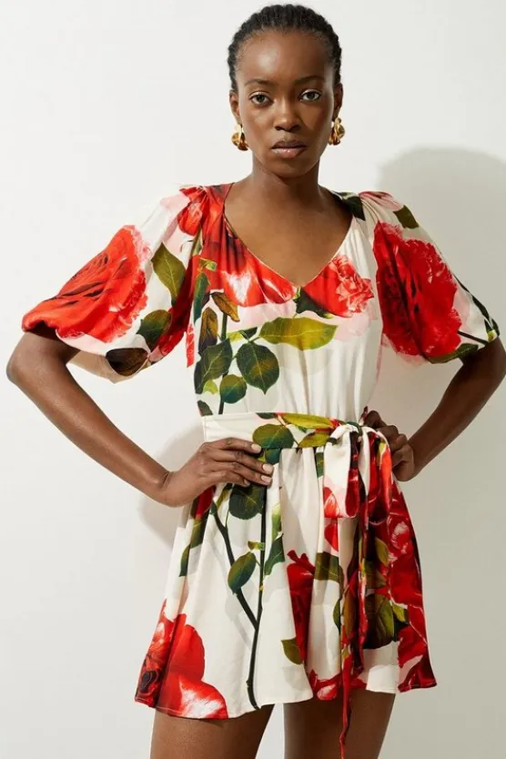 Karen Millen Petite Printed Morocain Woven Balloon Sleeve Romper rose Fashion