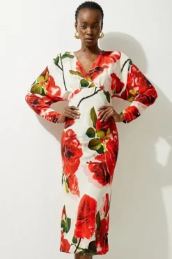 Karen Millen Petite Printed Morocain Woven V Neck Midaxi Dress rose Clearance