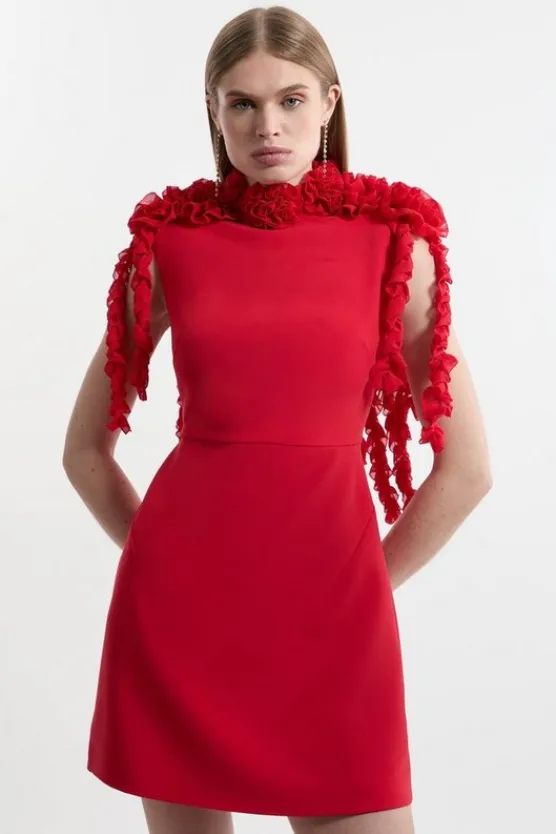 Karen Millen Petite Rosette And Ruffle Compact Viscose Tailo Mini Dress red Hot