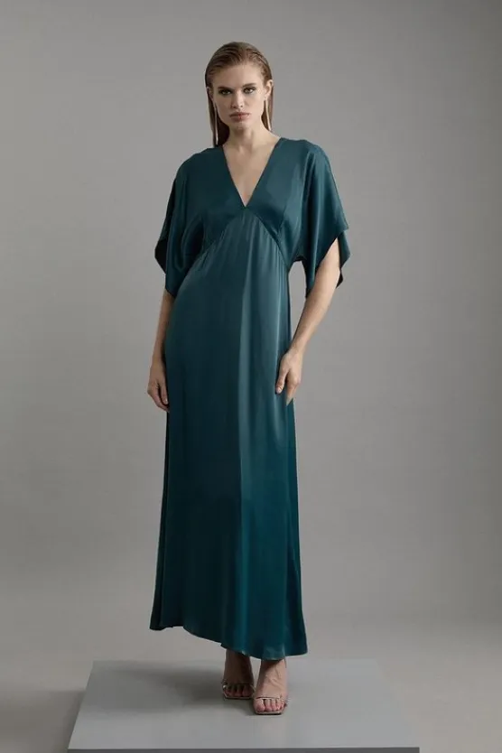 Karen Millen Petite Satin Angel Sleeve Woven Maxi Dress teal Online